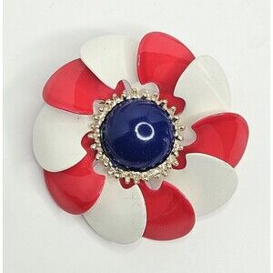Vintage Enamel Metal Flower Red White Blue Patriotic Brooch Pin 2.2"